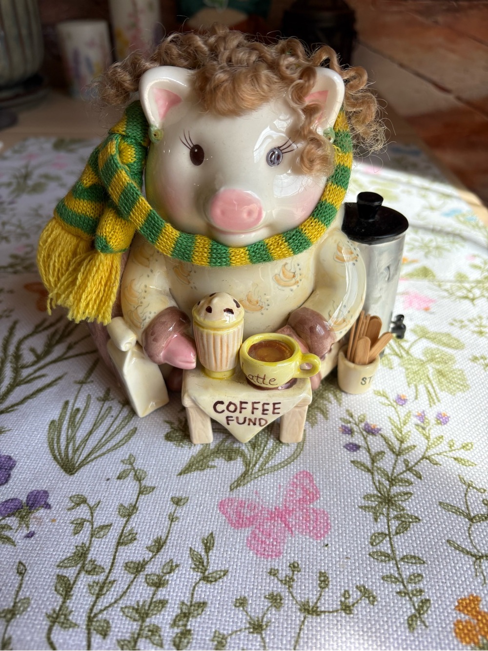 Mud Pie Ceramic Pig Coffee Fund Figurine with Yellow & Green Scarf